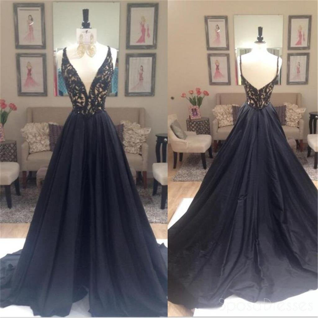 Black A-line Elegant Deep V-Neck Prom Dresses, Black Long Evening Party Dresses, PD0198