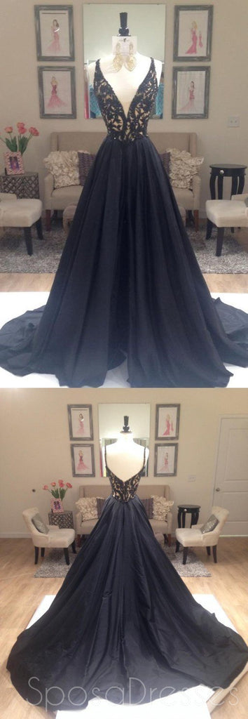 Black A-line Elegant Deep V-Neck Prom Dresses, Black Long Evening Party Dresses, PD0198