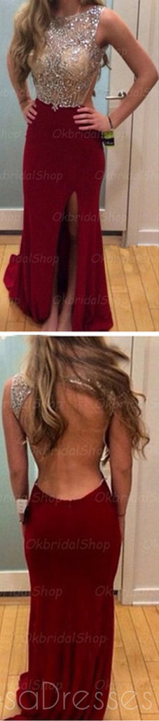 Burgundy Sexy Backless Side Slit  Prom Dresses online, Dresses for Prom, PD0027