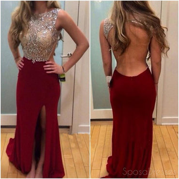 Burgundy Sexy Backless Side Slit  Prom Dresses online, Dresses for Prom, PD0027
