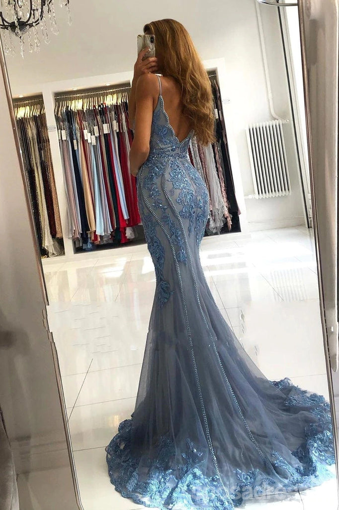Blue Mermaid Spaghetti Straps V-neck Cheap Long Prom Dresses Online,12861