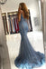 Blue Mermaid Spaghetti Straps V-neck Cheap Long Prom Dresses Online,12861