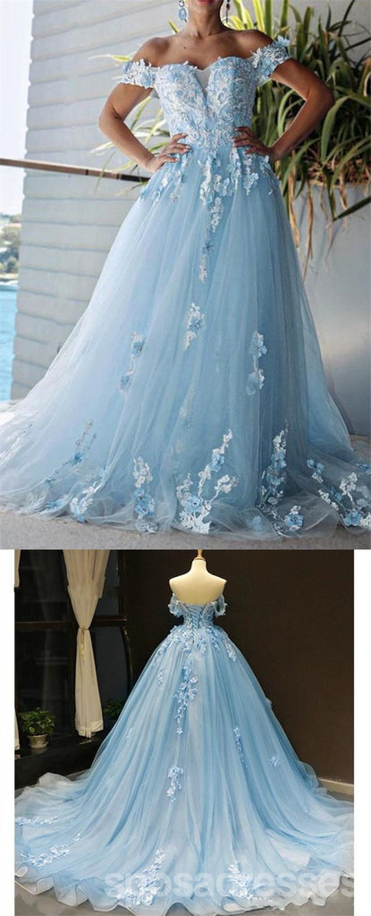Floral Blue A-line Off Shoulder Long Prom Dresses Online, Dance Dresses,12702
