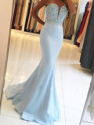 Strapless Light Blue Sweetheart Mermaid Long Custom Evening Prom Dresses, 17455
