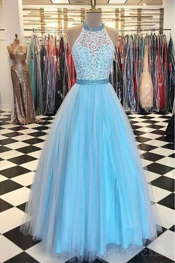 2018 Blue Lace Halter  A-line Long Evening Prom Dresses, 17644