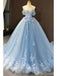 Floral Blue A-line Off Shoulder Long Prom Dresses Online, Dance Dresses,12702