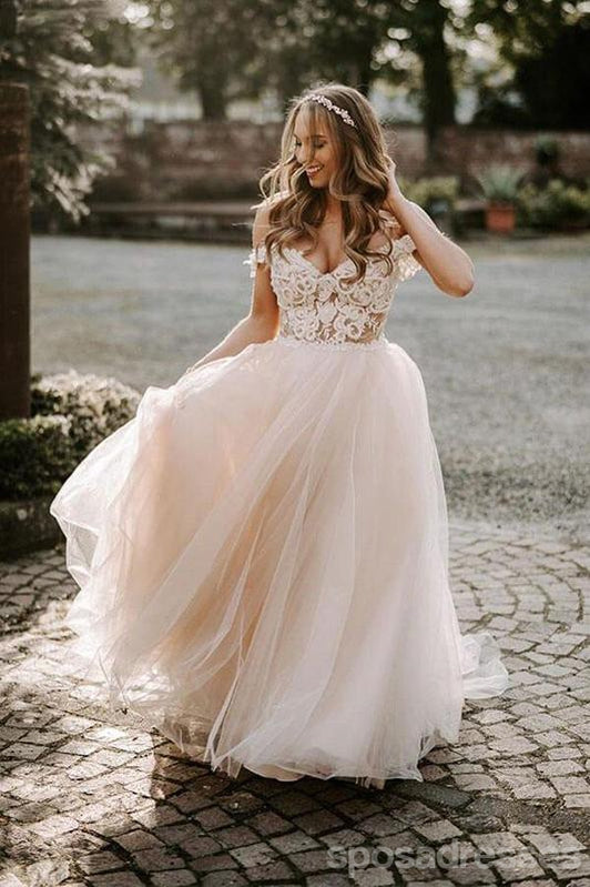 Long A-line Off Shoulder V-neck Sleeveless Lace Wedding Dresses,WD760