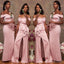 Pink Mermaid Off Shoulder Side Slit Cheap Long Bridesmaid Dresses Online,WG1170