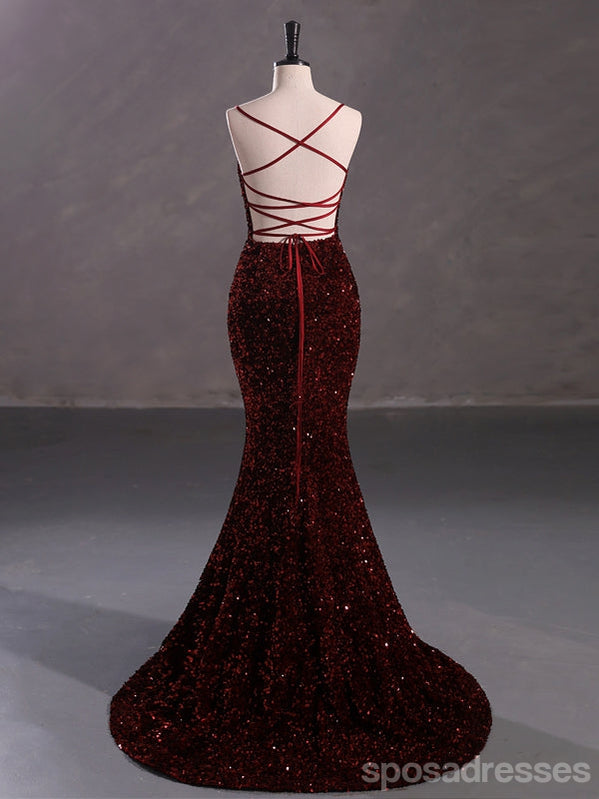 Burgundy Mermaid Spaghetti Straps Backless Cheap Prom Dresses,13057 ...
