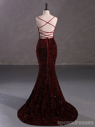 Burgundy Mermaid Spaghetti Straps Backless Cheap Prom Dresses,13057