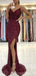 Burgundy Mermaid Spaghetti Straps V-neck High Slit Cheap Long Prom Dresses,12864