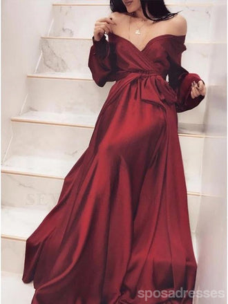 Sexy Burgundy A-line Off Shoulder Long Sleeves Prom Dresses Online,12586