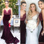 Burgundy Mermaid Spaghetti Straps V-neck Long Bridesmaid Dresses Online,WG1165