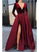 Burgundy A-line Long Sleeves V-neck High Slit Cheap Prom Dresses Online,12748