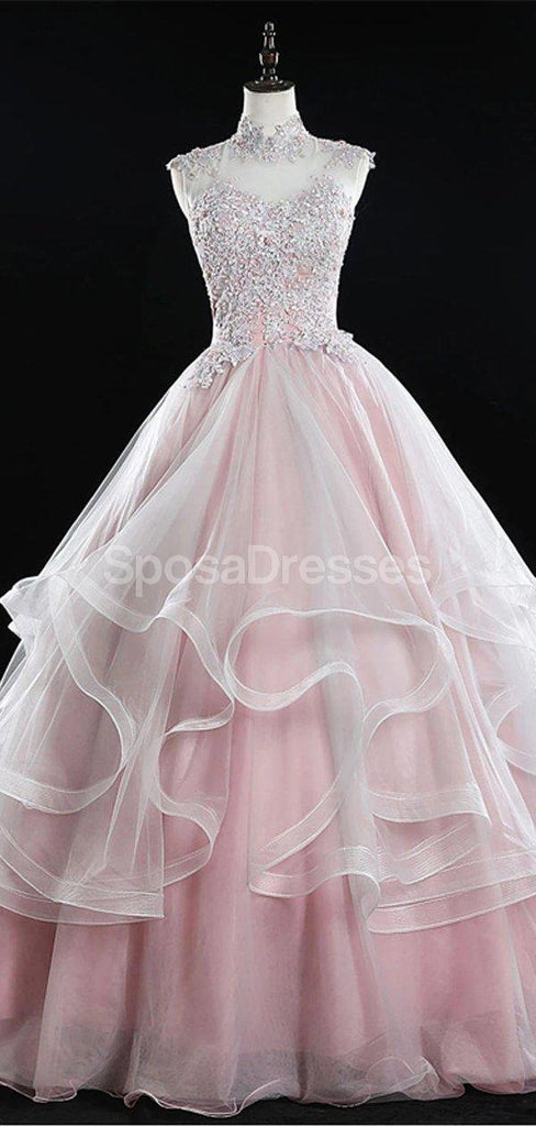 Pink High Neckline Lace Beaded Ruffle Long Evening Prom Dresses, Evening Party Prom Dresses, 12219