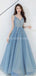 Spaghetti Straps Dusty Blue Long Evening Prom Dresses, Evening Party Prom Dresses, 12220