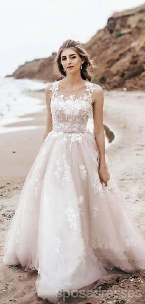 Floral A-line Sleeveless Straps Handmade Lace Wedding Dresses,WD751