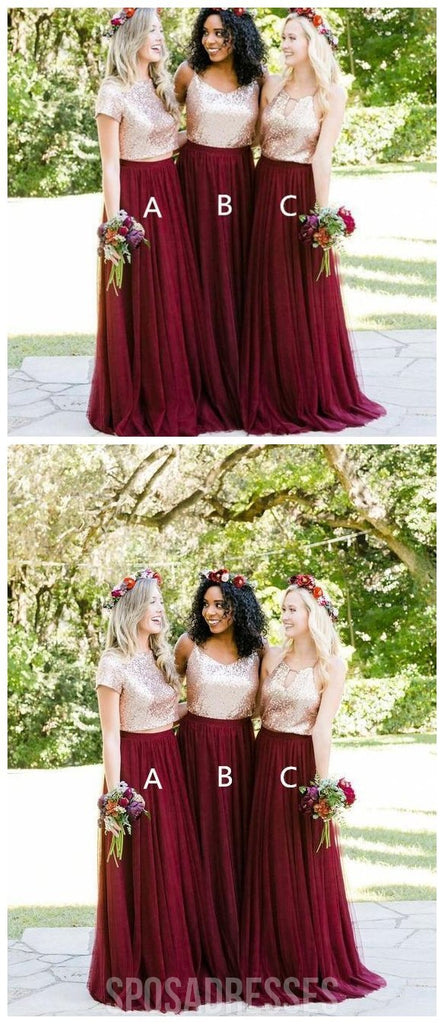 Short Sleeves Gold Sequin Burgundy A-line Long Bridesmaid Dresses, WG253