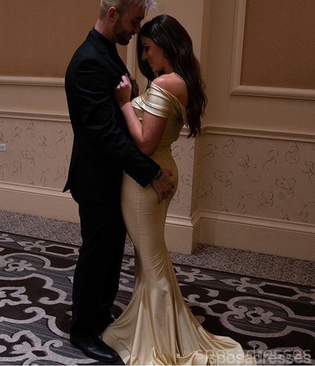 off the shoulder gold bridesmaid dresses Vintage Off Shoulder Gold Satin Draped Evening Gown