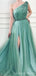 Green A-line One Shoulder High Slit Cheap Long Prom Dresses Online,12860