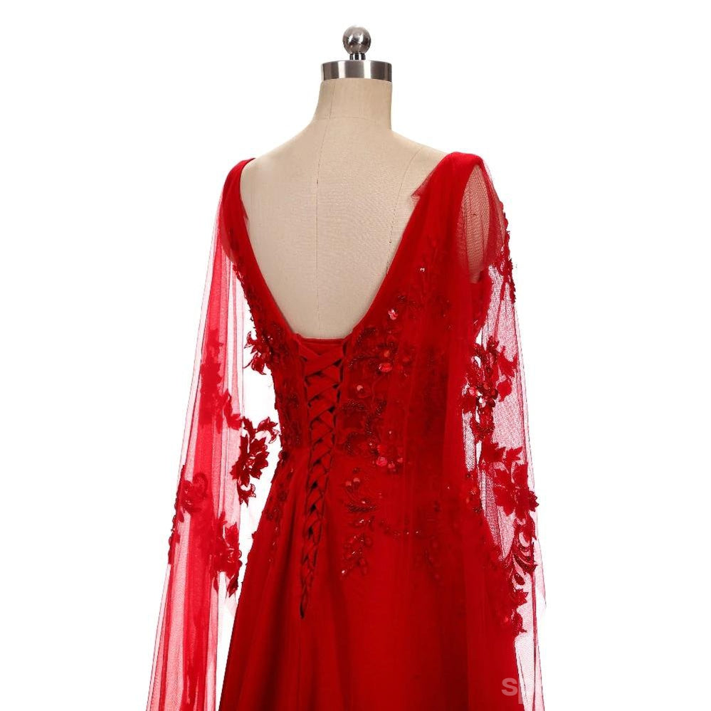Red A-line Long Sleeves V-neck Cheap Prom Dresses Online,Dance Dresses,12578