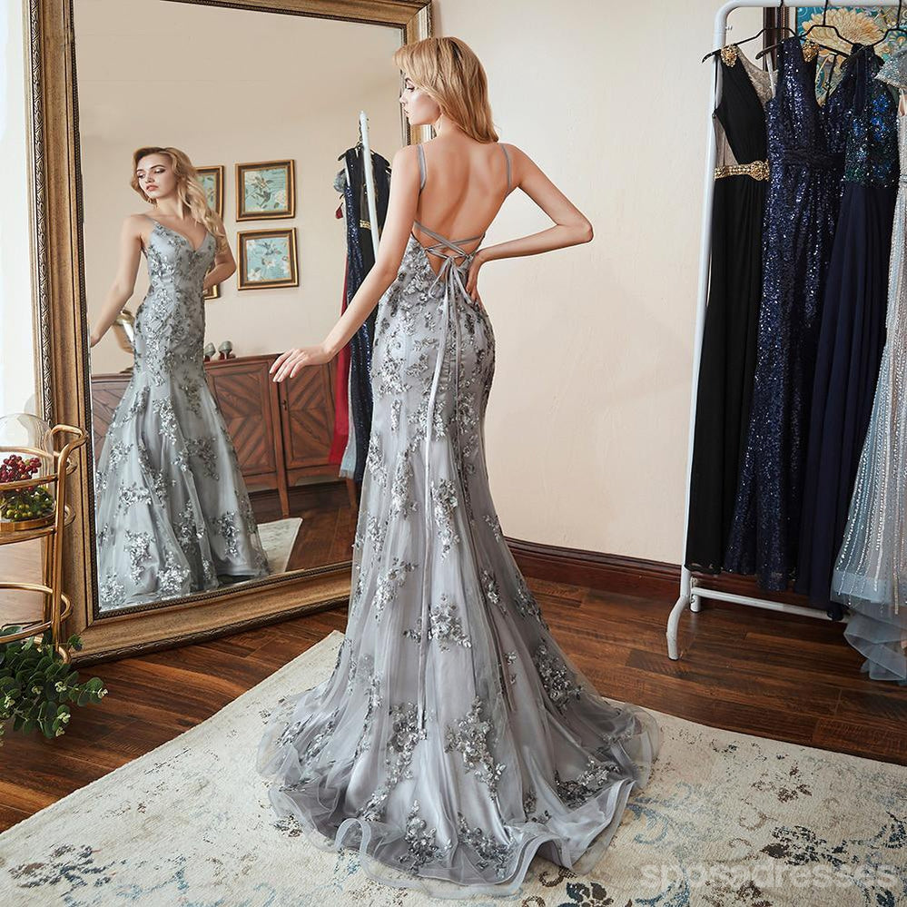 Sexy Grey Mermaid Spaghetti Straps V-neck Backless Long Party Prom Dresses Online,12555