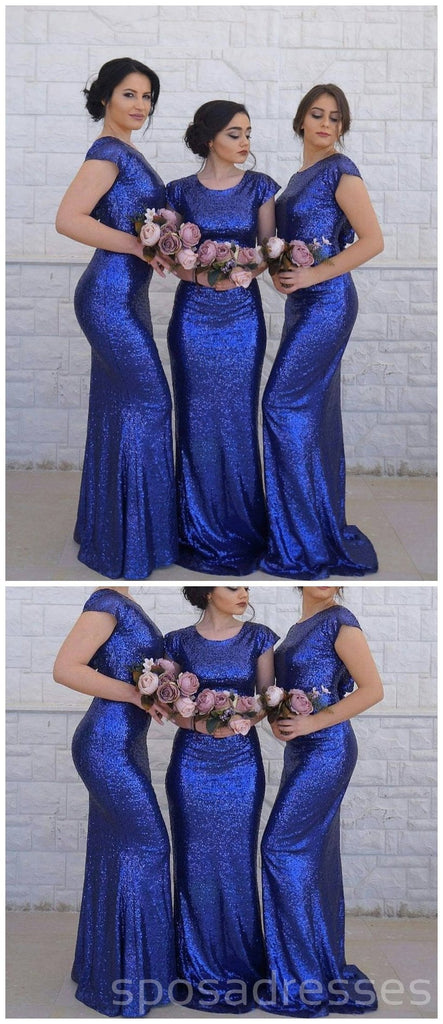 Cap Sleeves Royal Blue Mermaid Cheap Long Bridesmaid Dresses Online, WG252