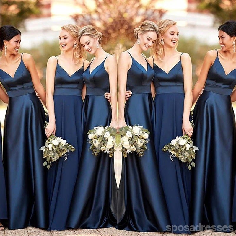 Navy Blue A-line Spaghetti Straps V-neck Cheap Long Bridesmaid Dresses Online,WG1217
