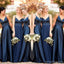 Navy Blue A-line Spaghetti Straps V-neck Cheap Long Bridesmaid Dresses Online,WG1217