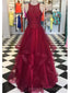 Halter Lace Red Ruffle Long Evening Prom Dresses, Cheap Custom Party Prom Dresses, 18597