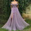 Purple A-line Spaghetti Straps Off Shoulder High Slit Long Prom Dresses Online,12790