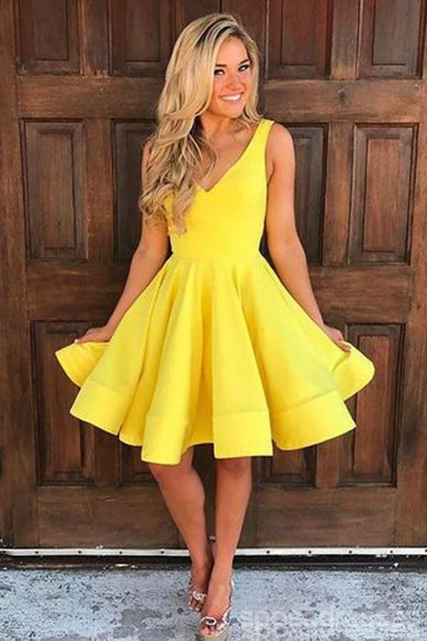 V Neck Pastel Yellow Short Homecoming Dresses Under 100, CM389 SposaDresses V Neck Pastel Yellow Short Homecoming Dresses Under 100, CM389 SposaDresses