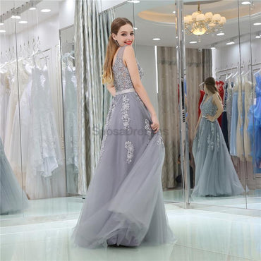 V Neck Grey Tulle A-line Evening Prom Dresses, Evening Party Prom Dresses, 12108