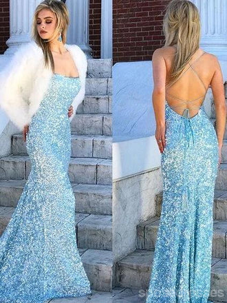 Sexy Backless Light Blue Mermaid Long Evening Prom Dresses, Evening Party Prom Dresses, 12167