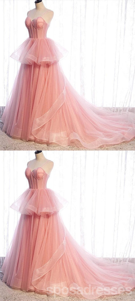 Pink A-line Spaghetti Straps V-neck Long Prom Dresses Online, Dance Dresses,12684