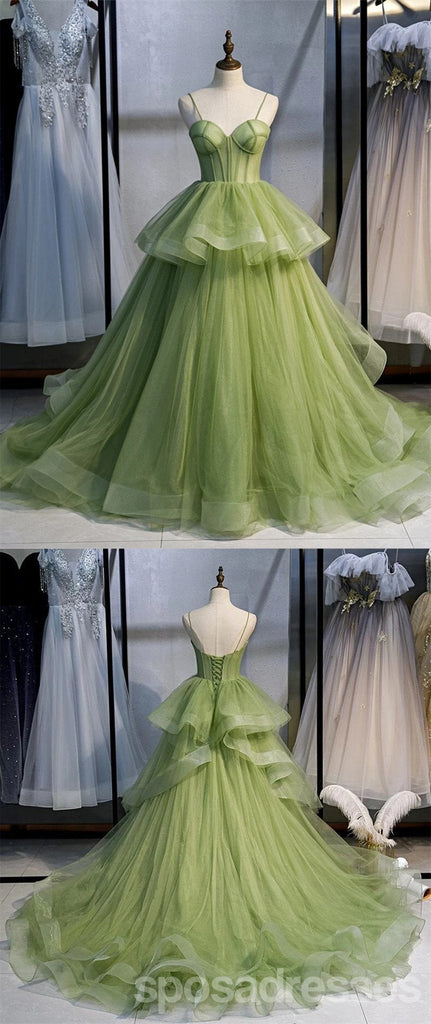 Green A-line Spaghetti Straps Long Prom Dresses Online,Dance Dresses,12670