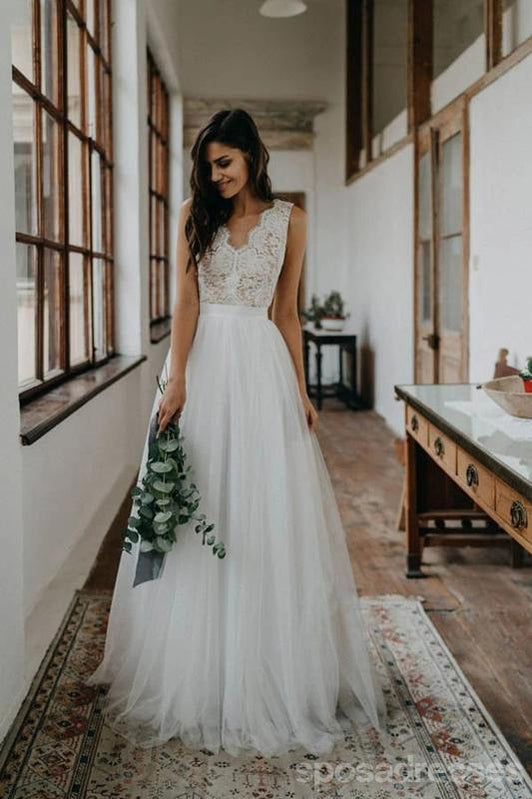 Simple Long Sleeveless A-line Handmade Lace Wedding Dresses Online,WD739
