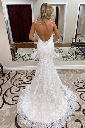 Sexy Mermaid Spaghetti Straps Backless Handmade Lace Wedding Dresses,WD772