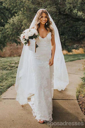 Spaghetti Straps Backless Long Mermaid Lace Wedding Dresses,WD754