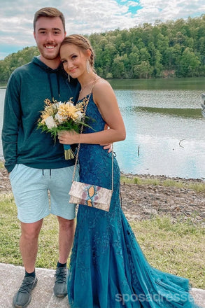 Teal Mermaid Spaghetti Straps Backless Cheap Long Prom Dresses,12849