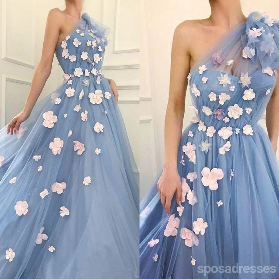 Floral Blue A-line One Shoulder Cheap Long Prom Dresses Online,12794