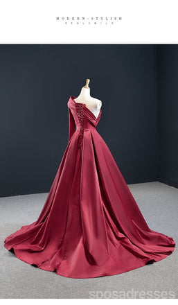 Burgundy Mermaid Long Sleeves One Shoulder High Slit Prom Dresses Online,Dance Dresses,12590