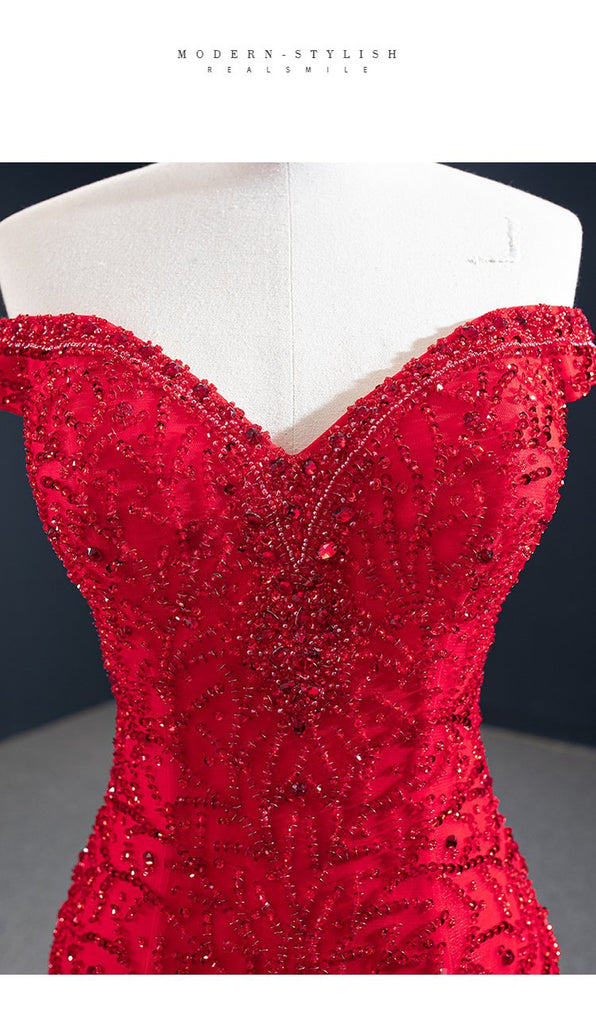 Red Mermaid V-neck Off Shoulder Long Party Prom Dresses Online,12566