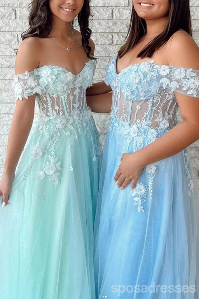Green A-line Off Shoulder Cheap Long Prom Dresses,Evening Party Dresses,12819