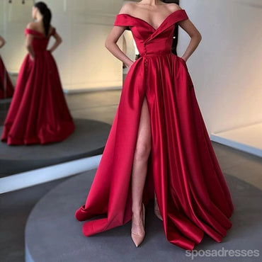 Simple Red A-line Off Shoulder High Slit V-neck Long Prom Dresses Online,12663