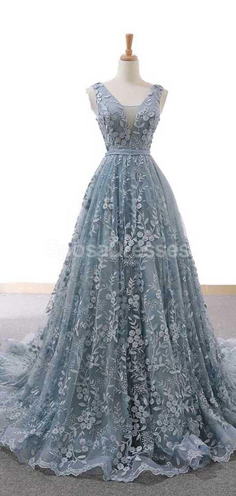 V Neck Dusty Blue Lace Long Evening Prom Dresses, Evening Party Prom Dresses, 12230