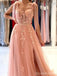 Peach Pink A-line High Slit See Through Long Prom Dresses Online,Dance Dresses,12669