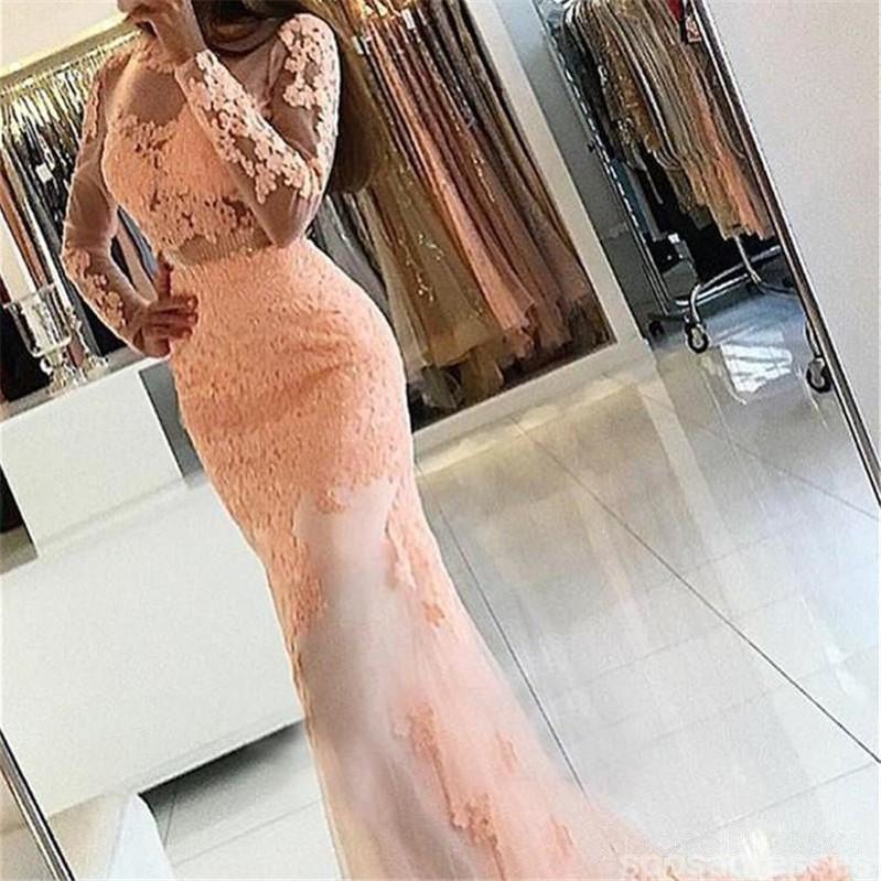 Sexy Long Sleeve Backless See Through Peach Lace Beaded Long Evening P SposaDresses Sexy Long Sleeve Backless See Through Peach Lace Beaded Long Evening P SposaDresses