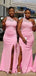 Floral Mermaid Pink One Shoulder High Slit Lace Applique Long Bridesmaid Dress,WG978