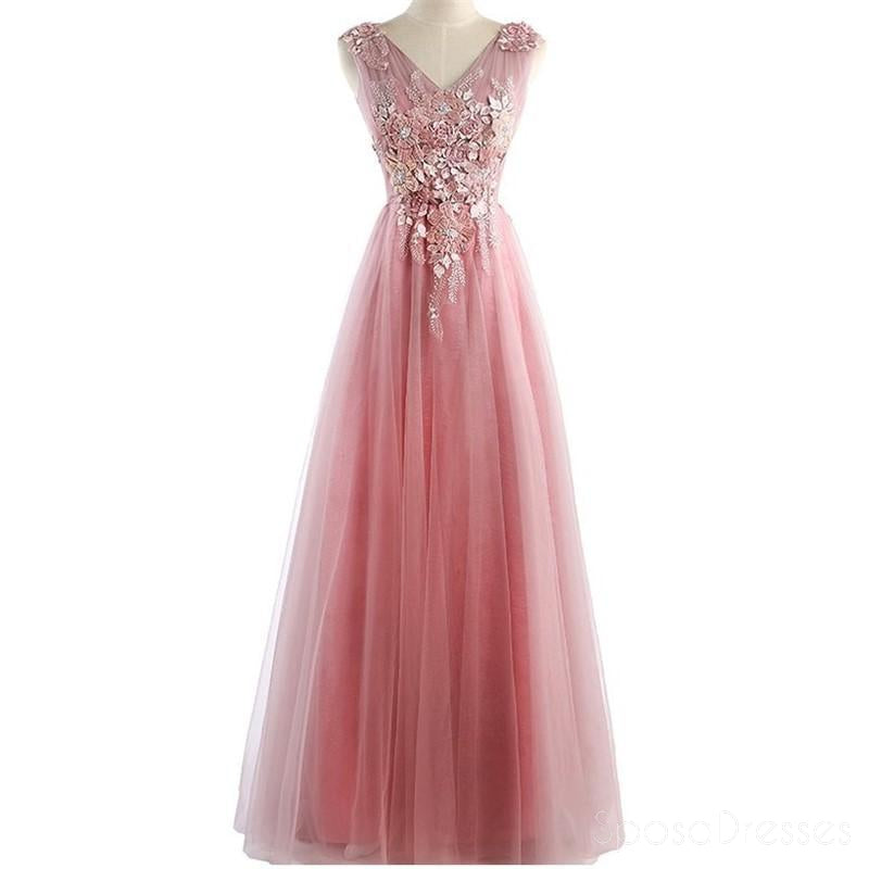 Two Straps V Neckline Pink Lace Beaded Unique Long Evening Prom Dresses, Popular Party Prom Dresses, Custom Long Prom Dresses, Cheap Formal Prom Dresses, 17220
